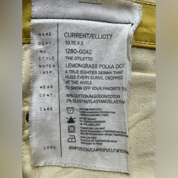 Current/Elliot The Stiletto Pant Lemongrass Mustard Polka Dot Shinny Jean - Picture 7 of 7